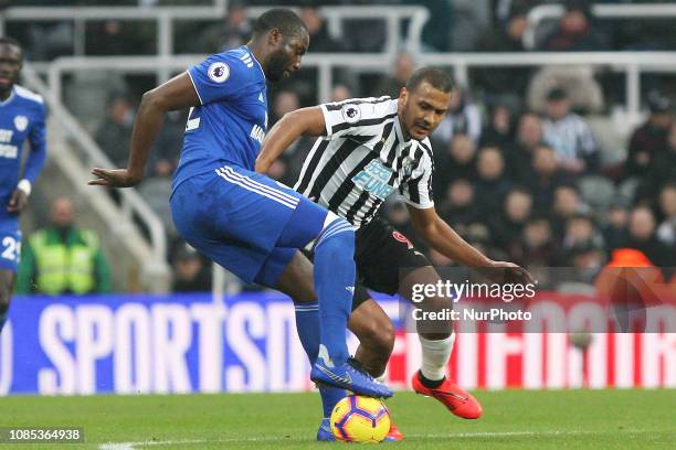 Cardiff City's Souleymane Bamba contests for the ball with Newcastle United's Salomon Rondon during the Premier League match between Newcastle United...