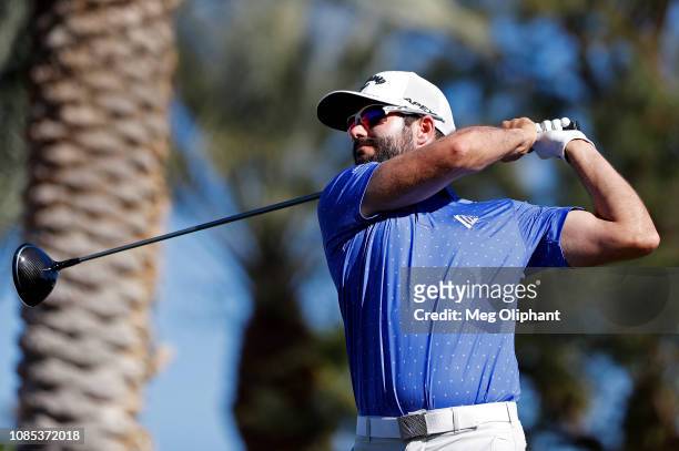 Adam Hadwin of Canada tees off on the 18th hole during the third round of the Desert Classic at Jack Nicklaus Tournament Course on January 19, 2019...