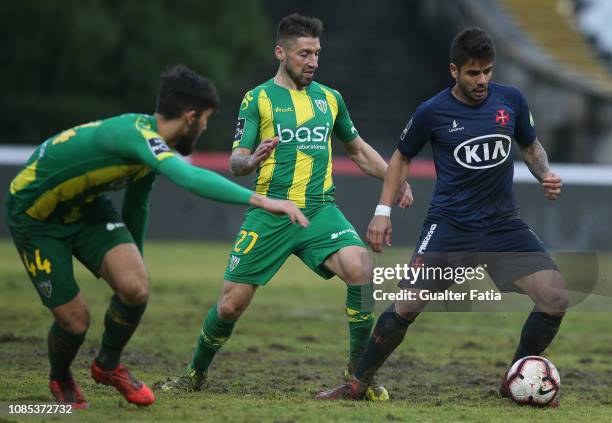 Henrique Almeida of Belenenses SAD with Bruno Monteiro of CD Tondela in action during the Liga NOS match between Belenenses SAD and CD Tondela at...