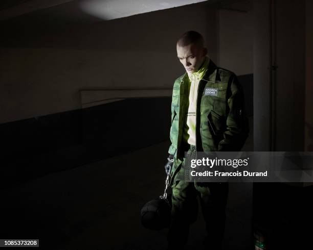 Model poses Backstage prior the Andrea Crews Menswear Fall/Winter 2019-2020 show as part of Paris Fashion Week on January 18, 2019 in Paris, France.