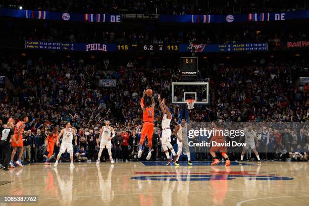 Paul George of the Oklahoma City Thunder shoots a game-winning three point basket at the end of the game against the Philadelphia 76ers on January...