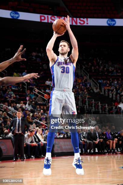 Jon Leuer of the Detroit Pistons shoots the ball against the Sacramento Kings on January 19, 2019 at Little Caesars Arena in Detroit, Michigan. NOTE...