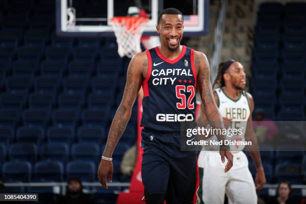 Jordan McRae of the Capital City Go-Go reacts to a play during the game against the Wisconsin Herd during the NBA G League on January 19, 2019 at the...