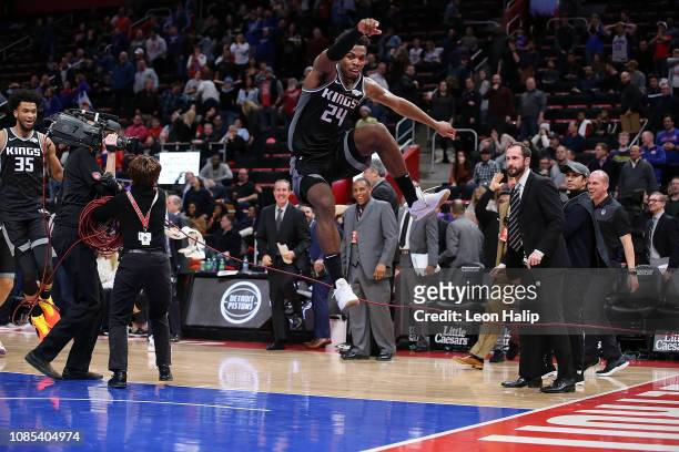 Buddy Hield of the Sacramento Kings celebrates after hitting the game winning shot to end the game against the Detroit Pistons at Little Caesars...