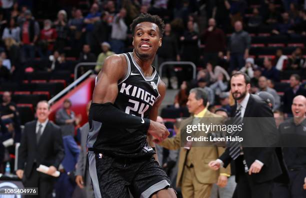 Buddy Hield of the Sacramento Kings celebrates after hitting the game winning shot to end the game agains the Detroit Pistons at Little Caesars Arena...