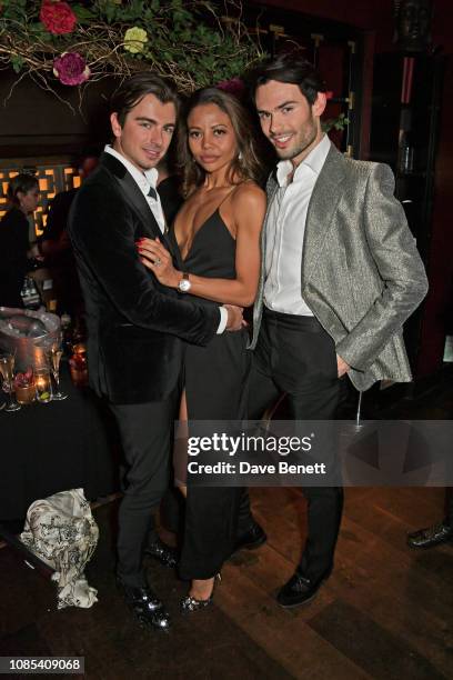 Piotr Krzymowski, Emma Weymouth and Mark-Francis Vandelli attend Lisa Tchenguiz's birthday party at Buddha Bar Knightsbridge on January 19, 2019 in...