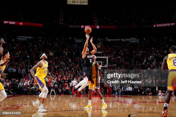 Eric Gordon of the Houston Rockets shoots a three pointer to send the game into overtime against the Los Angeles Lakers on January 19, 2019 at the...