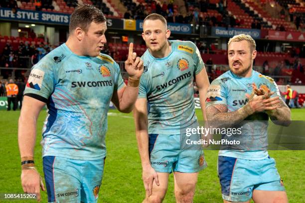 Mitch Lees, Jonny Hill and Jack Nowell of Exeter during the Heineken Champions Cup match between Munster Rugby and Exeter Chiefs at Thomond Park in...