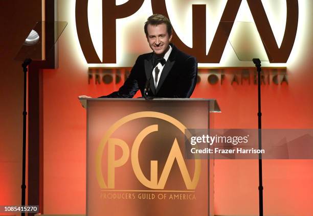 Joseph Mazzello speaks onstage during the 30th annual Producers Guild Awards at The Beverly Hilton Hotel on January 19, 2019 in Beverly Hills,...