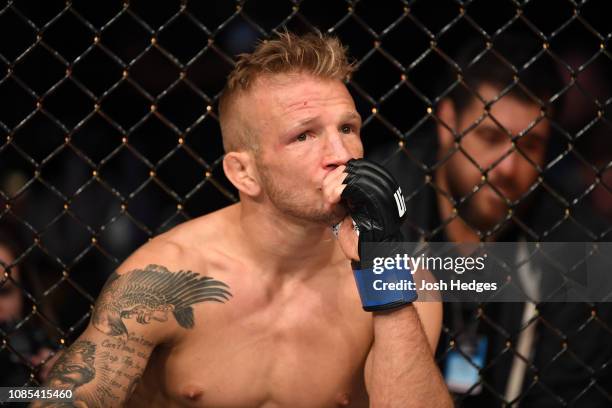 Dillashaw reacts after his loss to Henry Cejudo in their flyweight bout during the UFC Fight Night event at the Barclays Center on January 19, 2019...