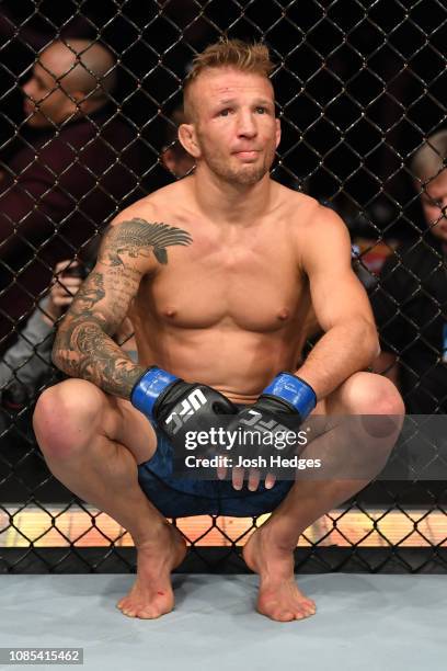 Dillashaw reacts after his loss to Henry Cejudo in their flyweight bout during the UFC Fight Night event at the Barclays Center on January 19, 2019...