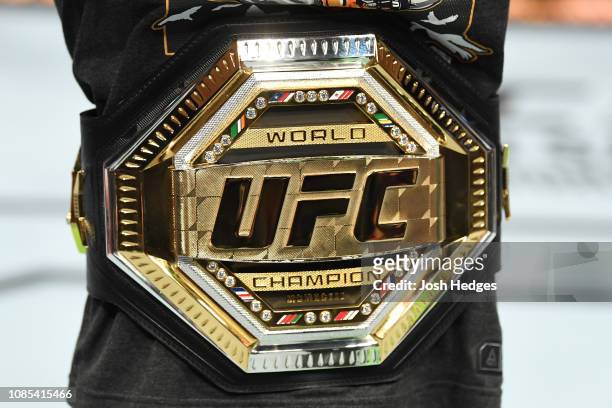 Detail shot of the new UFC Legacy Championship belt during the UFC Fight Night event at the Barclays Center on January 19, 2019 in the Brooklyn...