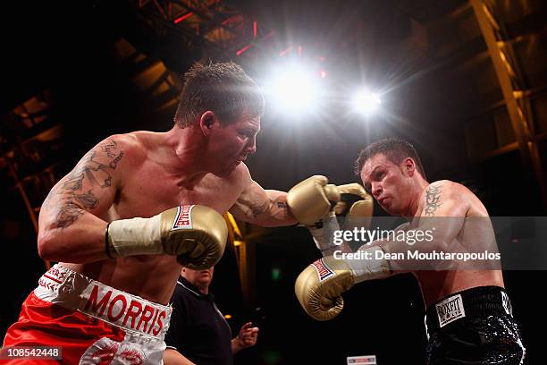 Jack Morris of England Billy Slate of England exchange blows in the Prizefighter Light-Heavyweights II at Olympia Exhibition Centre on January 29,...