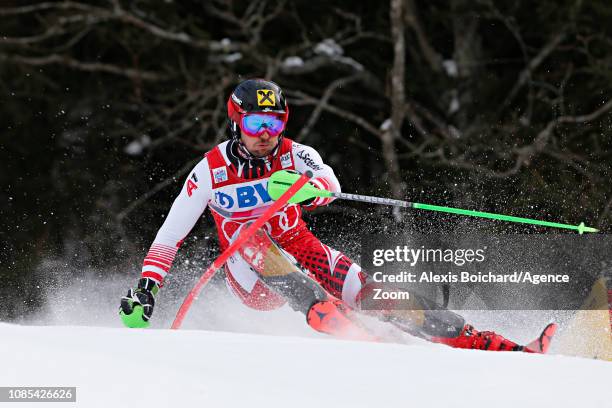 Marcel Hirscher of Austria in action during the Audi FIS Alpine Ski World Cup Men's Slalom on January 20, 2019 in Wengen Switzerland.