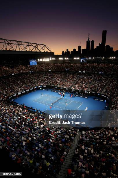 General view inside Rod Laver Arena during the fourth round match between Roger Federer of Switzerland and Stefanos Tsitsipas of Greece during day...