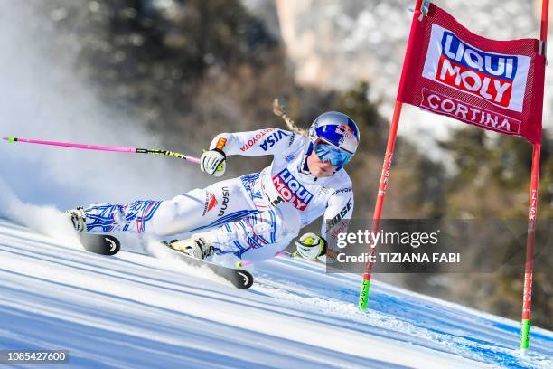 S Lindsey Vonn competes in the Women's Super G event of the FIS Alpine skiing World Cup in Cortina d'Ampezzo, Italian Alps, on January 20, 2019.