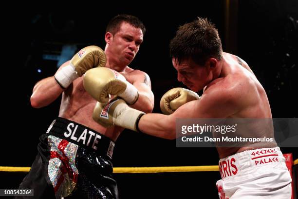 Jack Morris of England and Billy Slate of England exchange blows in the Prizefighter Light-Heavyweights II at Olympia Exhibition Centre on January...