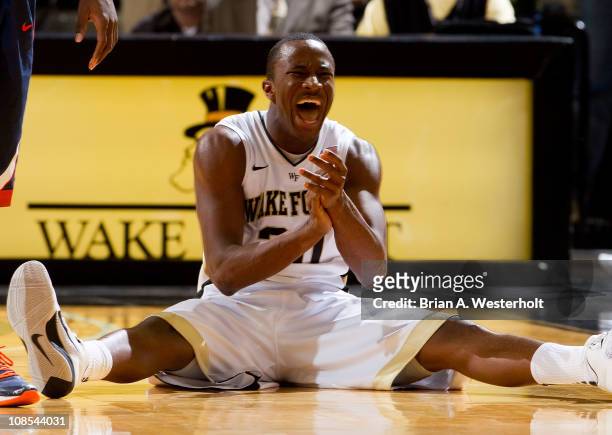 Travis McKie of the Wake Forest Demon Deacons reacts after having caused a jump ball during second half action against the Virginia Cavaliers at the...