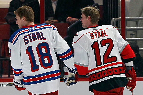 Marc Staal of the New York Rangers and Eric Staal of the Carolina Hurricanes skate on the ice before the Honda NHL SuperSkills competition part of...