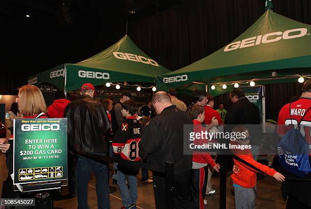 Geico branded tents are seen at the NHL All-Star Fan Fair part of 2011 NHL All-Star Weekend at the Raleigh Convention Center on January 29, 2011 in...