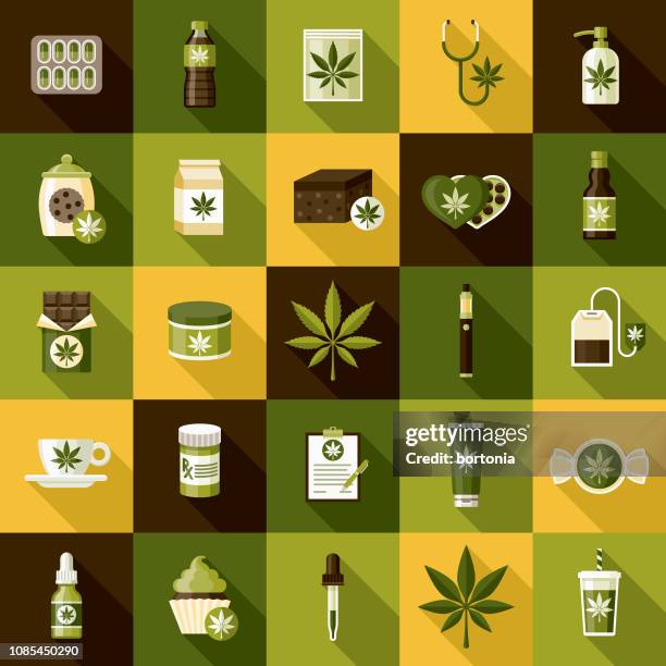 ilustrações, clipart, desenhos animados e ícones de conjunto de ícones de maconha - marijuana herbal cannabis
