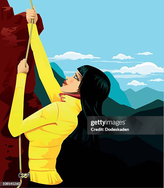 young woman climbing mountain with blue sky background - one mid adult woman only stock illustrations