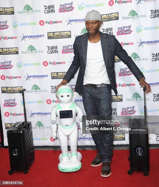 Sheldon Robbins poses with Follow Me Luggage at Danielle Cohn's Music Video Release Party For "Lights Camera Action!" held at Starwest Studios on...