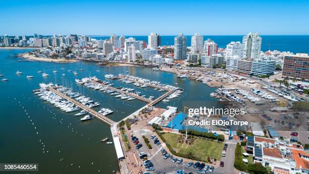 view of port of punta del este, aerial view, drone point of view, uruguay - punta del este fotografías e imágenes de stock