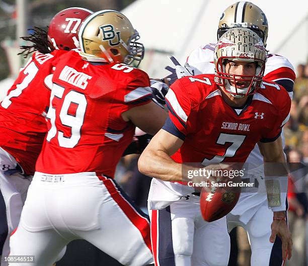 Quarteback Christian Ponder of the South Team scrambles out of the pocket against the North Team during the second quarter of the Under Armour Senior...