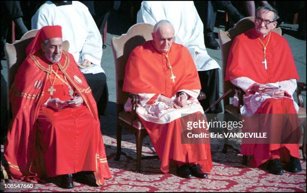 Cardinal Roberto Tucci in the middle, the left is Stephanos II Ghattos and the right is Avrey Dulles in Rome, Italia on February 23rd, 2001.