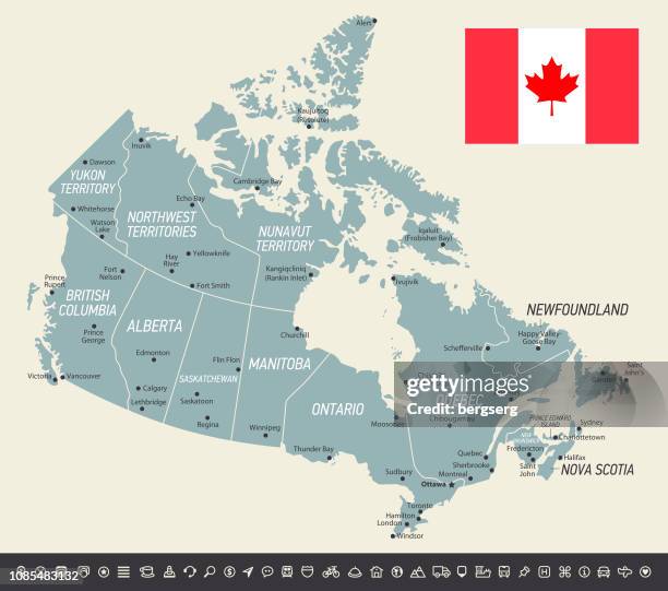 retro map of canada. vector illustration with canadian national flag and navigation icons - quebec map stock illustrations