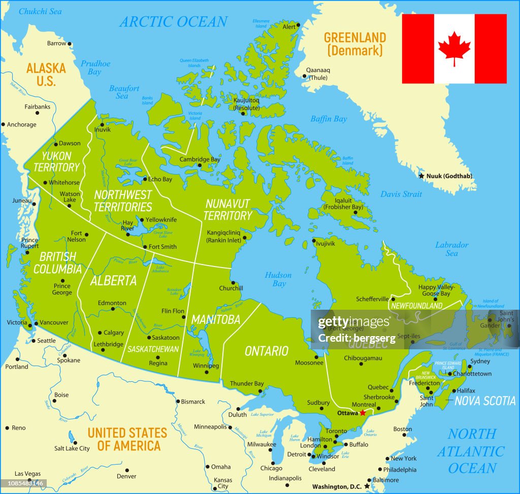 Canada Rivers Political Map Canada Green Map With National Flag States And Rivers High-Res Vector ...