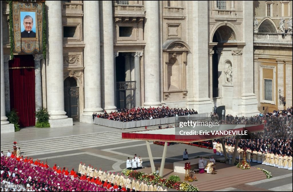 Pope John Paul II canonizes Opus Dei founder Jose Maria Escriva de Balaguer before one of the biggest crowds ever to flood the Vatican in Rome, Italy on October 6th, 2002.