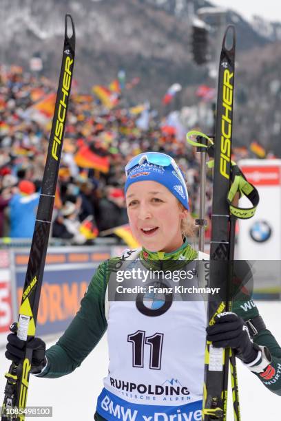 Franziska Preuss of Germany competes for the women's 12.5 km mass start during the IBU World Cup Biathlon at Chiemgau Arena on January 20, 2019 in...