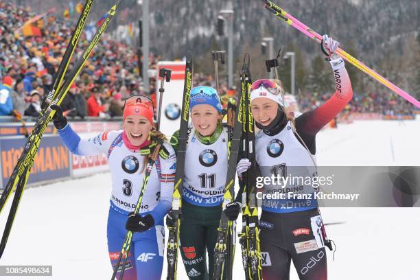 Third placed Paulina Fialkova of Slovakia, first placed Franziska Preuss of Germany and second placed Ingrid Landmark Tandrevold of Norway pose on...