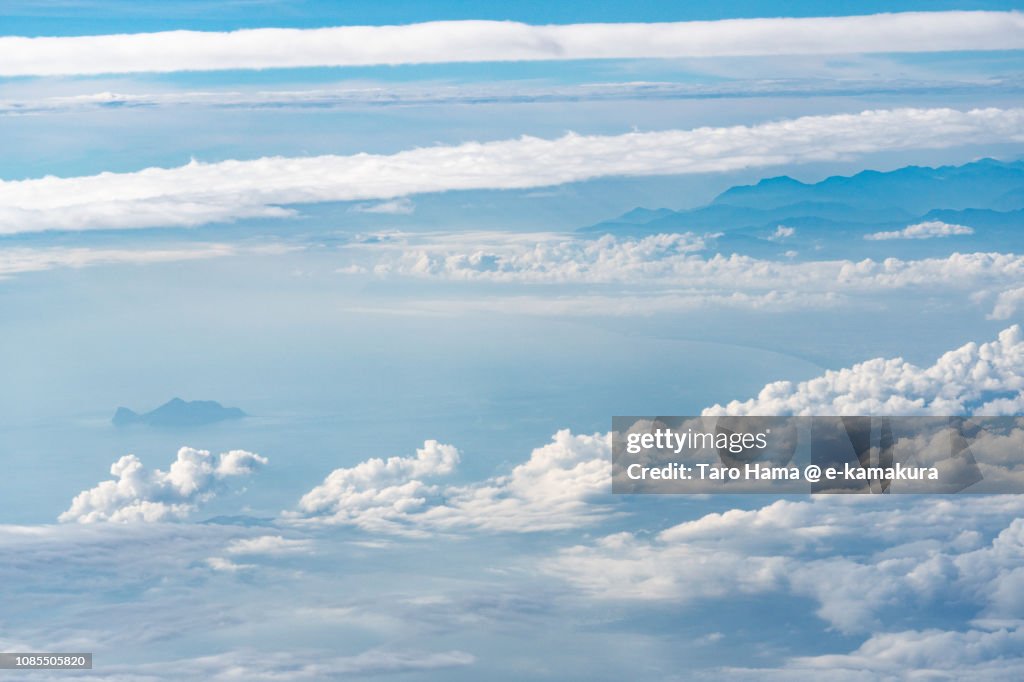 Pacific Ocean and Guishan Island in Taiwan daytime aerial view from airplane