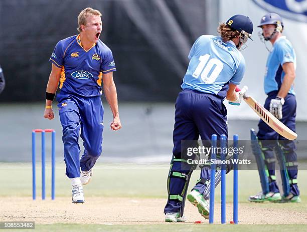 Neil Wagner of the Volts celebrates bowling Aces batsman Lou Vincent during a domestic one day cricket match between the Auckland Aces and the Otago...