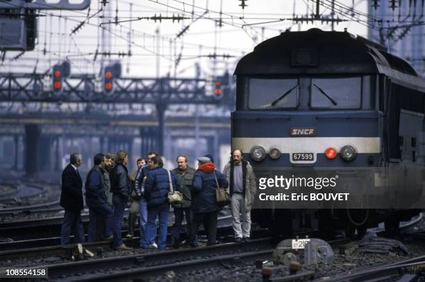 Railroad workers on strike in Paris, France on December 28th , 1986.