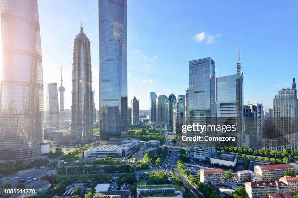 pudong lujiazui financial district at sunset, shanghai, china - 次世代　街 ストックフォトと画像