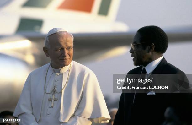 Pope John Paul II and Zimbabwe President Robert Mugabe in Harare, Zimbabwe on September 12th , 1988.