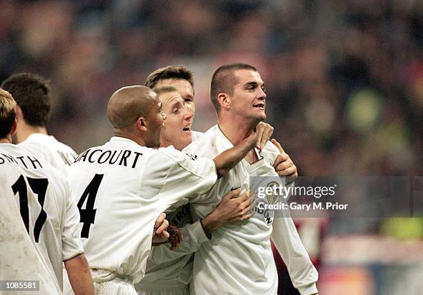 Leeds United celebrate Dominic Matteo's goal during the UEFA Champions League match against AC Milan at the San Siro in Milan, Italy. The match was...