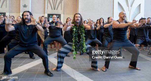 Jason Momoa preforms a Haka during the Hawaii screening of Aquaman on December 21, 2018 in Honolulu, Hawaii.