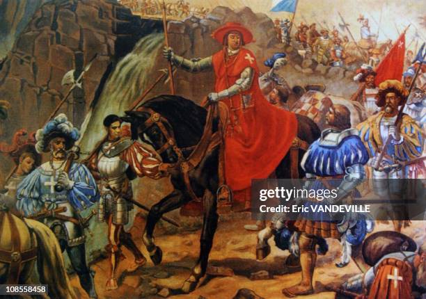 Swiss Cardinal Mathieu Schiner leading the Swiss guards across the Alps to Rome, early 16th Century.