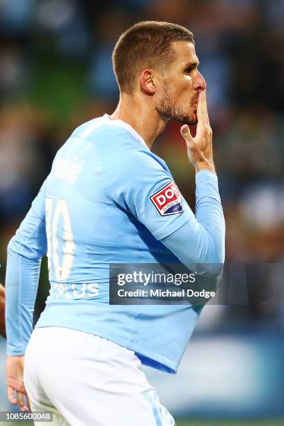 Dario Vidosic of the City getsures to fans as he celebrates a goal during the round nine A-League match between Melbourne City and Melbourne Victory...