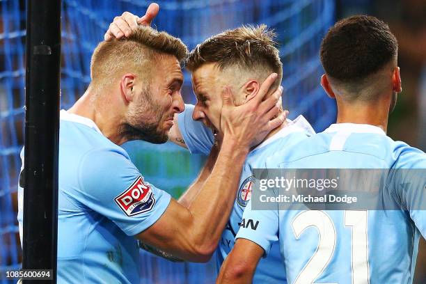 Bart Schenkenveld of the City\ll and Scott Jamieson of the City celebrate their goal Dario Vidosic of the City during the round nine A-League match...