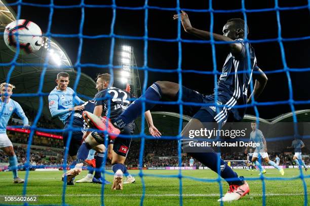 Dario Vidosic of the City heads the ball for a goal during the round nine A-League match between Melbourne City and Melbourne Victory at AAMI Park on...