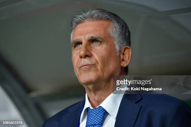 Carlos Queiroz, head coach of Iran looks on prior to the start of the AFC Asian Cup round of 16 match between Iran and Oman at Mohammed Bin Zayed...
