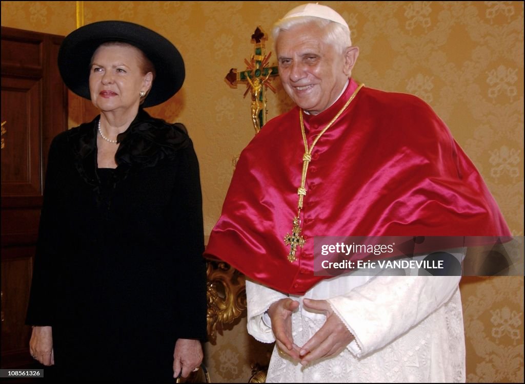 Pope Benedict XVI received Latvian President Vaira Vike-Freiberga in his private library at the Vatican in Rome, Italy on June 30th, 2005.