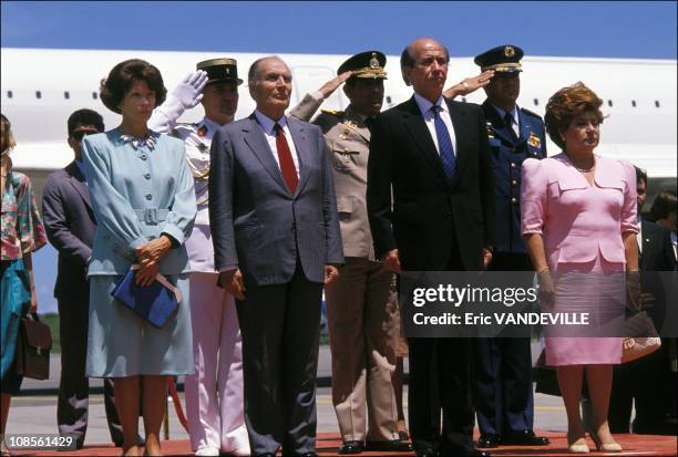 Arrival at Caracas: Daniele and Francois Mitterrand, Carlos Andres Perez and wife behind the Concorde jet in Caracas, Venezuela on September 10th,...