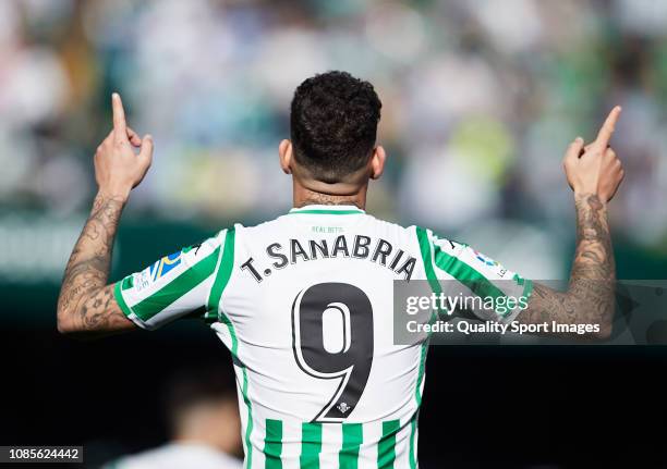 Arnaldo Antonio Sanabria of Real Betis celebrates scoring his team's opening goal during the La Liga match between Real Betis Balompie and SD Eibar...